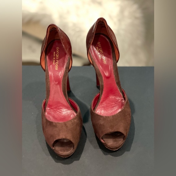 SERGIO ROSSI Leather and Suede Peep Toe Heels - Picture 5 of 7